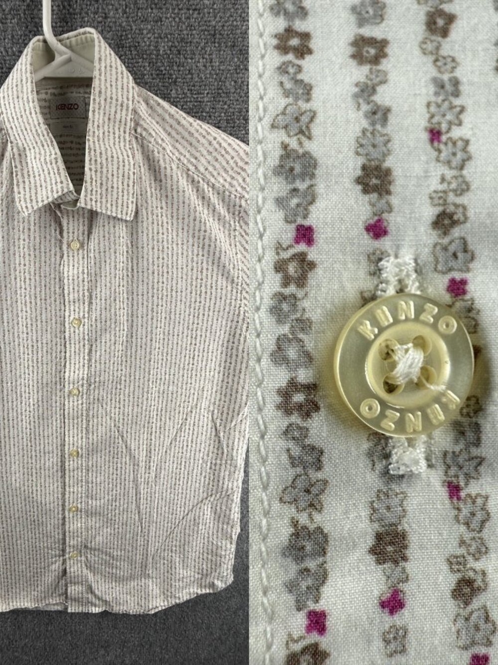 Kenzo Brown Gray 15.75 Floral Slim Button Up Streetwear Long Sleeve Shirt Mens